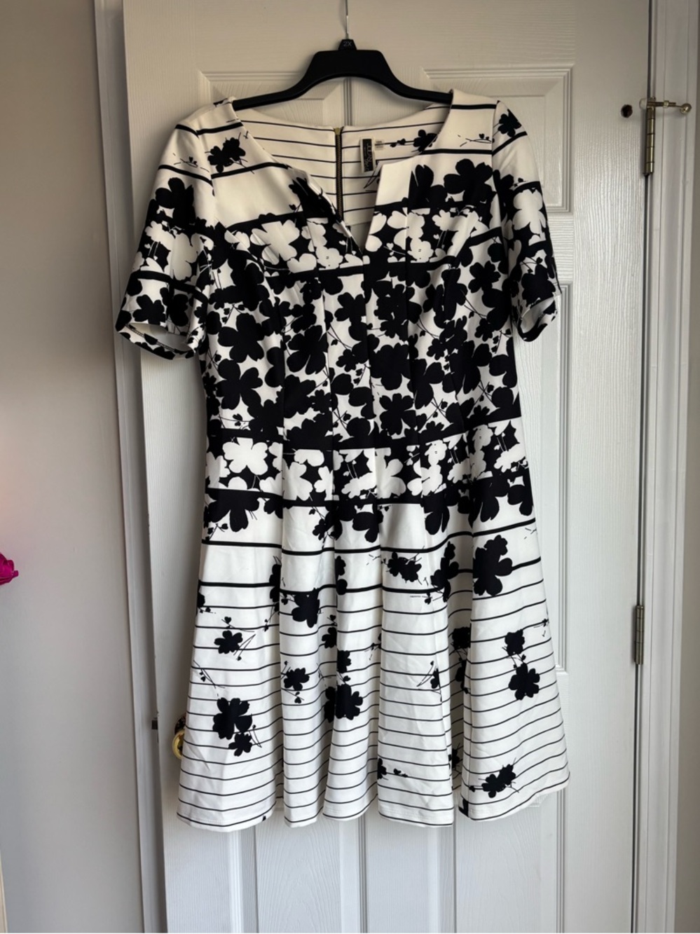 Julian Taylor Black and White Floral Striped Fit-and-Flare Mini Dress